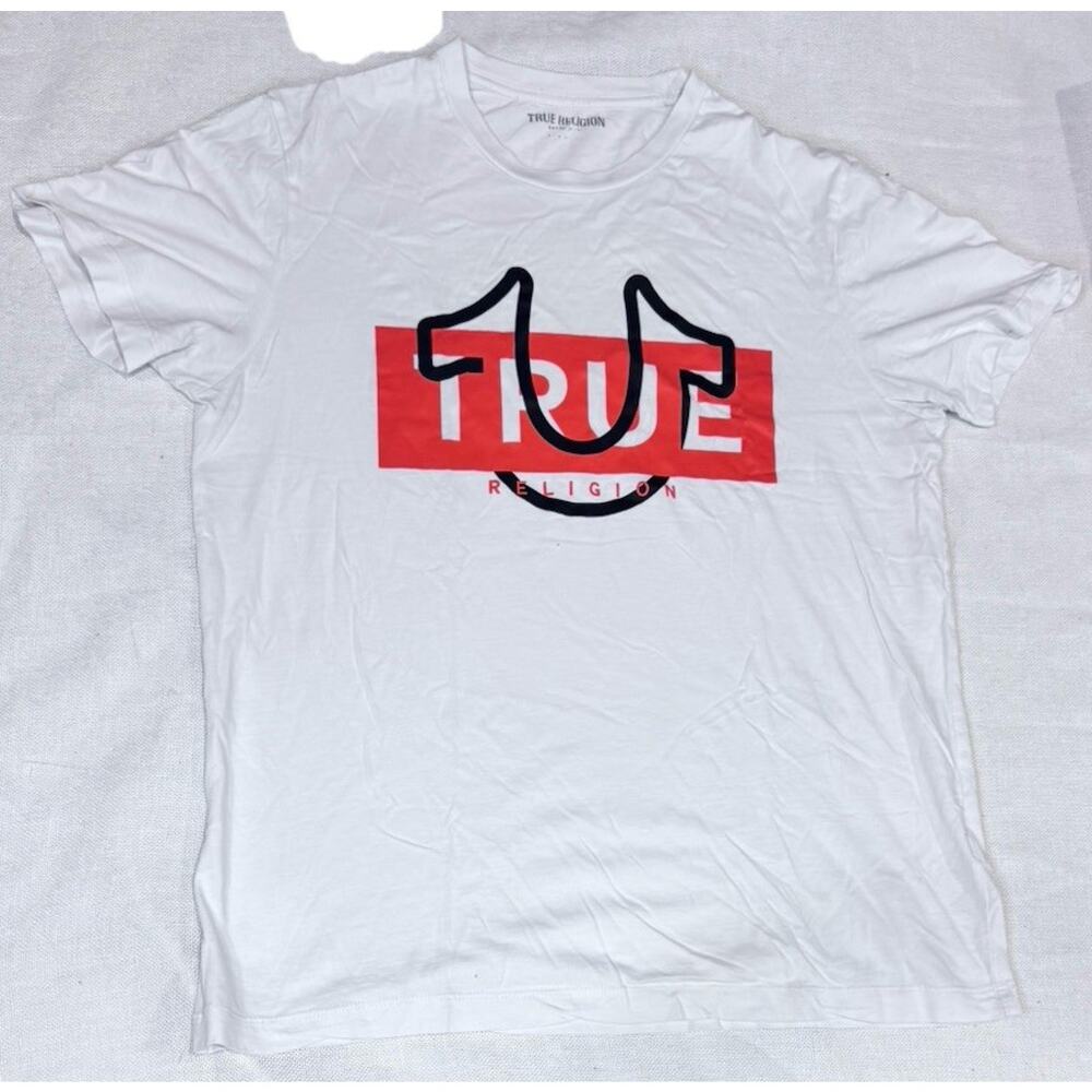True Religion Shirt Men Large Adult White Red Casual Tee Cotton Horseshoe Logo